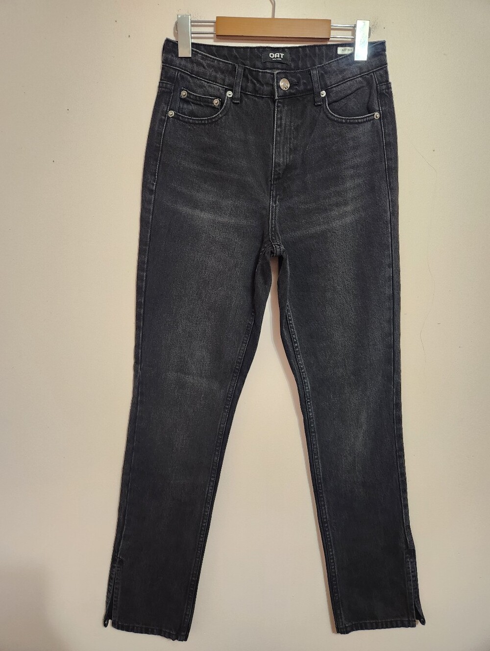 OAT New York Faded Black Split Hem High Rise Straight Leg Jeans Size 26 Grunge